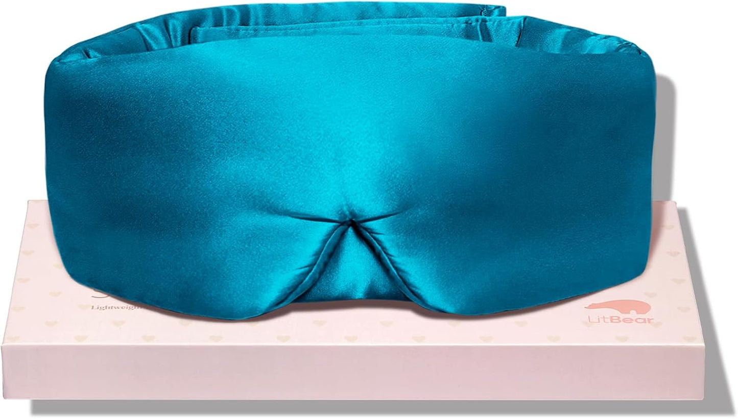 LitBear Silk Sleep Mask for Side Sleeper, Eye Mask Sleeping for Women Men 100% 22 Momme Pure Mulberry Silk, Face-Hugging Padded Eye Cover for Sleeping with Adjustable Band (Peacock Blue)