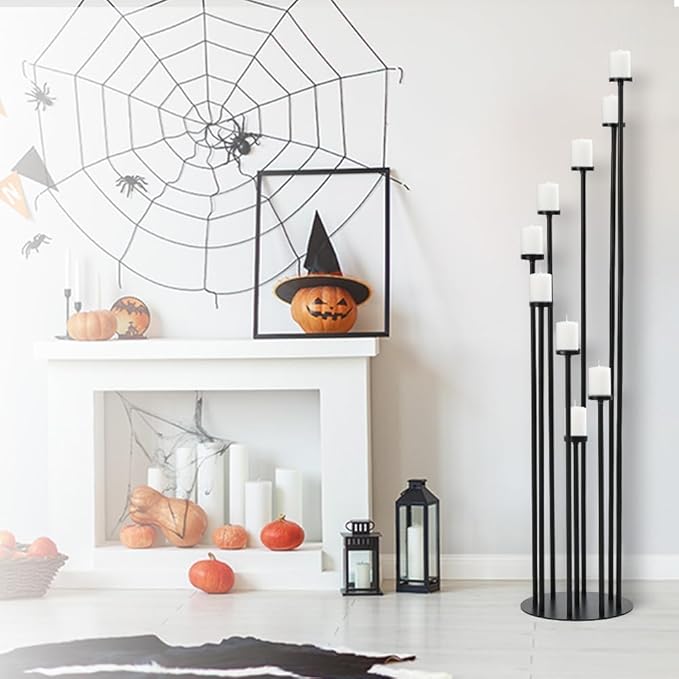 Set of 10 Black Floor Candle Holders,9 Arm Candelabra for Home Decoration,Halloween Christmas Day, Weddings, Dinner Parties Formal Events(Candle Excluded)