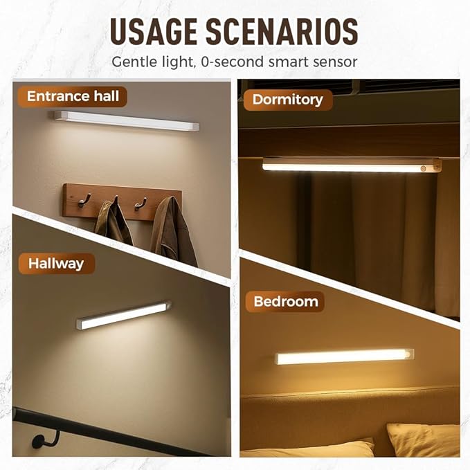 Punch-Free Smart Sensor Magnetic Rechargeable LED Lights, 2026 Upgraded Lntelligent Motion Sensor Light Strip, 3 Colors-Dimmable, Under Cabinet Lighting Wireless (4, White Light, 20cm/7.8in)