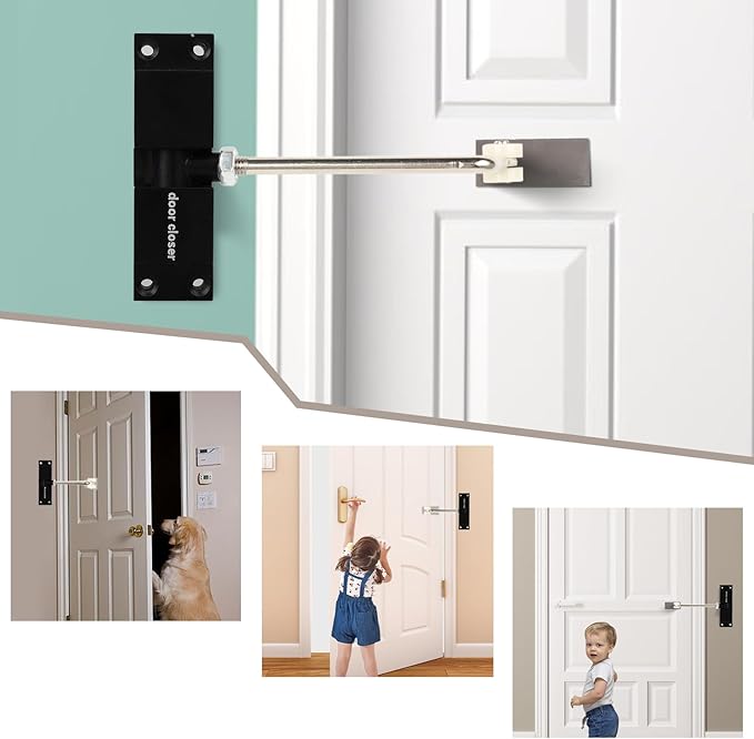 Automatic Door Closer, Safety Spring Door Closer Adjustable Self Closing Door Hinge Zinc Alloy Door Closers for Home, Up to 150Lb can be Pushed (Black)