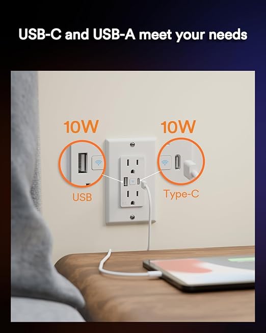 Lumary Smart USB Outlet with Type-C & USB-A Ports, WiFi in-Wall Outlet Compatible with Alexa & Google Home, Remote & Voice Control, Timer, FCC Certified, Tamper-Resistant, 1 Pack