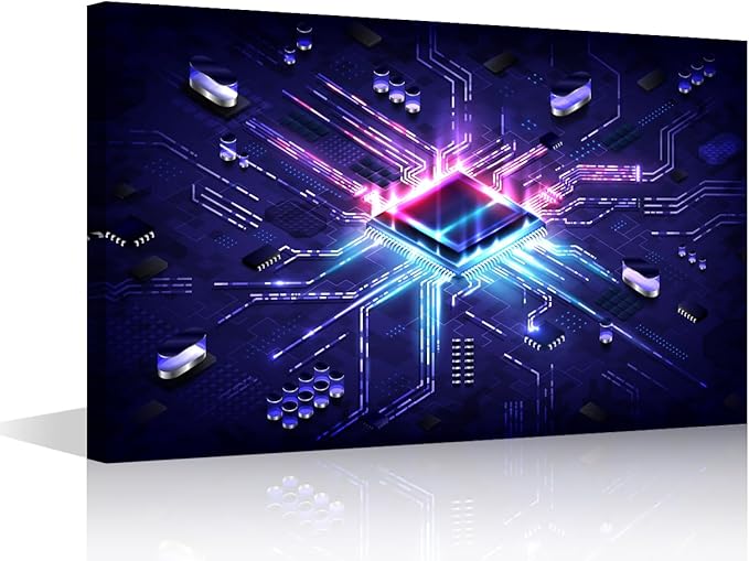 TUMOVO Wall Art for Living Room Glowing CPU Canvas Wall Art Futuristic CPU Contemporary Wall Art AI Posters and Prints Cyberpunk Tech Modern Artwork Ready to Hang for Bedroom Office, 18x12in