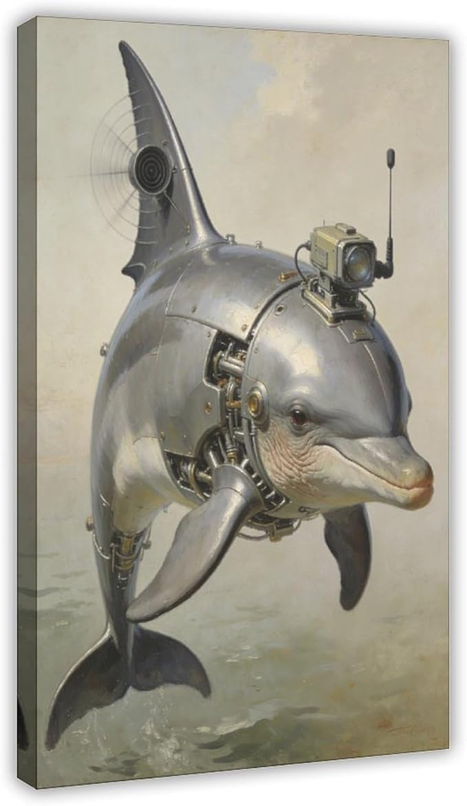Framed Steampunk Mechanical Dolphin Wall Art - Marine Retro-Futuristic Poster for Beach House Living Room Decor 24x36inch(60x90cm)