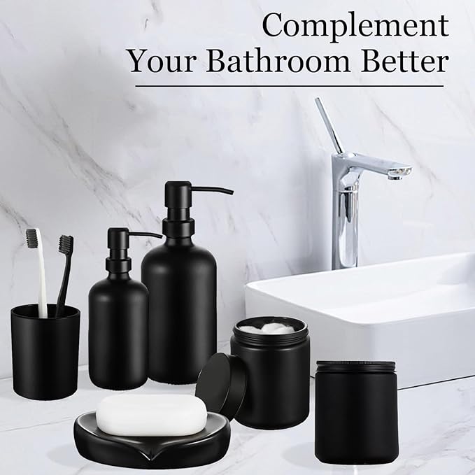 6PC Matte Black Bathroom Accessories Set with Glass Soap Dispenser | Modern Bathroom Organizer & Decor Set incl. Toothbrush, Qtip Holder