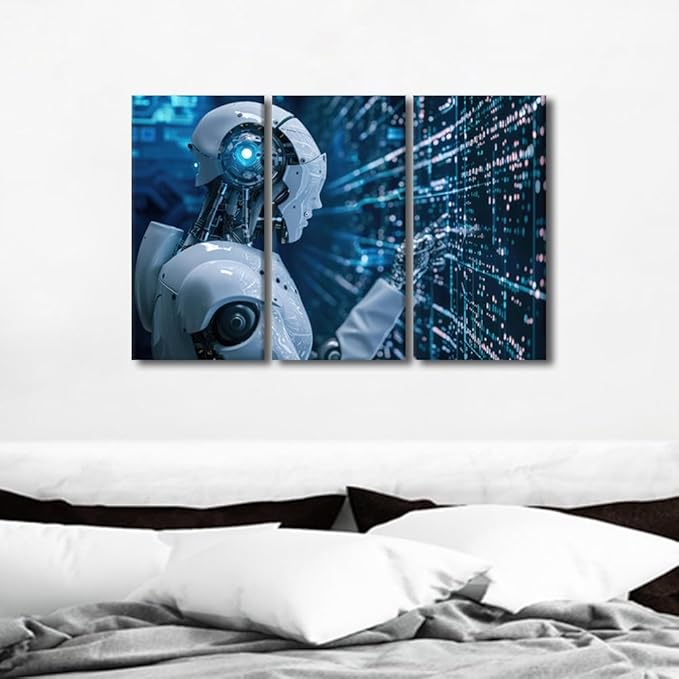3 Panels Canvas Wall Art - Robot Canvas Wall Art Big Data Analysis Paintings Canvas Print Large Wall Decor AI Intelligence Pictures Modern Artwork for Wall Decorations Framed Ready to Hang, 36"Wx24"H