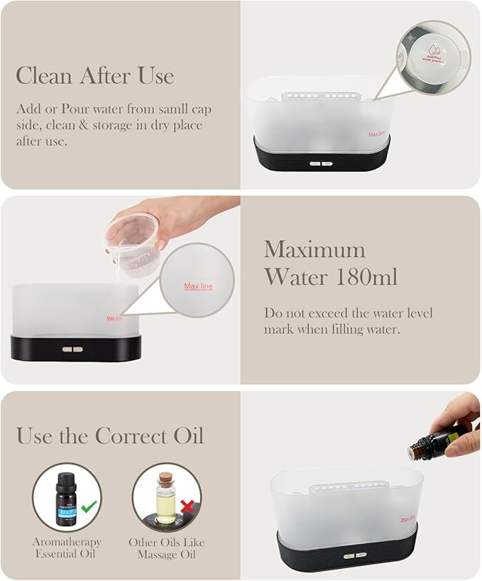 Essential Oil Diffuser,Humidifier with 7 Colors Flame Light,180ml Air Humidifiers for Bedroom, Home, Office, Gifts - Portable,Auto-Off Protection,4 Modes Mist(Black)