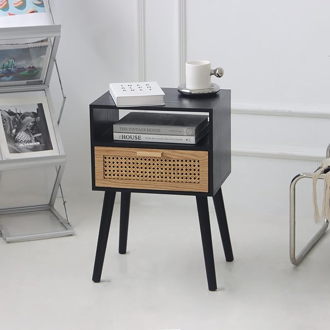 MaxSmeo Mid Century Modern Nightstand with Charging Station, Bedside Tables with Rattan Drawer, Small Wood Nightstand Side Table for Living Room,Bedroom (Black)
