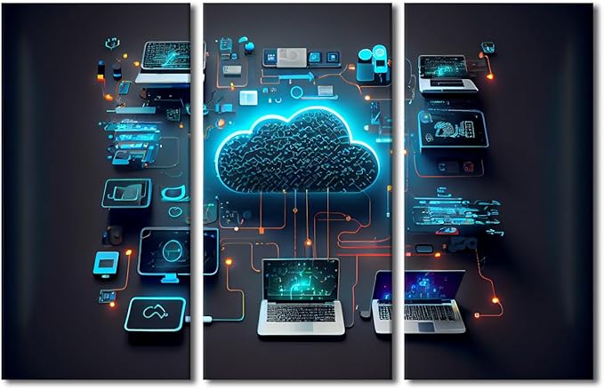 TUMOVO 3 Panel Canvas Wall Art Devices Connected to Digital Storage in the Data Center Via the Internet Pictures Print on Canvas for Home Wall Decoration, Stretched Framed Ready to Hang, 42" Wx28 H