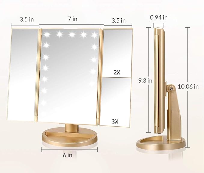 Trifold Makeup Mirror Vanity Mirror with Lights,1X 2X 3X Magnification,Touch Control,Adjustable Rotation,Dual Power Supply,Portable Travel Cosmetic Mirror,Birthday Gifts for Women,Teengirls