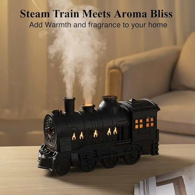 Train Humidifier with Essential Oil Diffuser - 300ML Large Capacity Ultrasonic Dual Mist Output, 4Color LED Night Light with Remote Control, Auto-Off, Ultra Quiet for Bedroom Office Desk (Black)