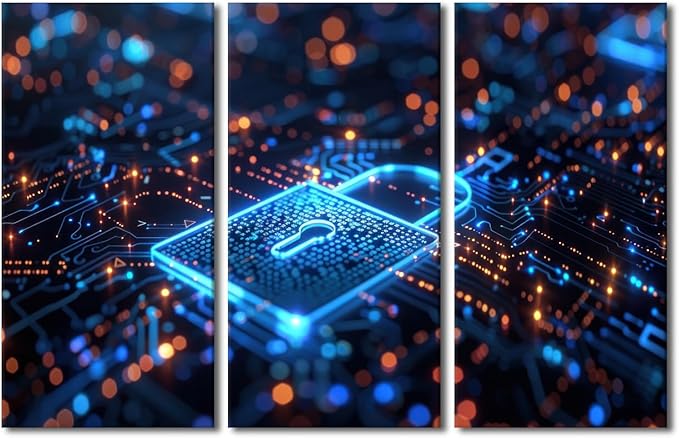 AI Canvas Prints AI Intelligence Wall Art Security Lock Symbol Picture Lock Paintings Canvas Print 3 Pieces Framed Wall Art Giclee Artwork Stretched Ready to Hang Posters, 60" Wx40 H