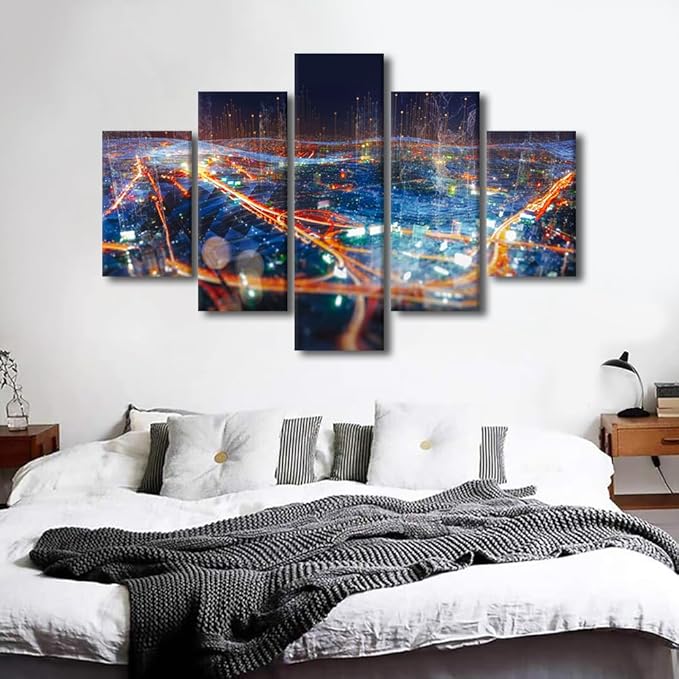 Modern Internet Canvas Poster 5 Panel Metaverse Concept Picture Smart City Home Decoration Internet Companies Office Meeting Room Wall Art Decorate Frame and Stretched Ready to Hang 60x40 Inch