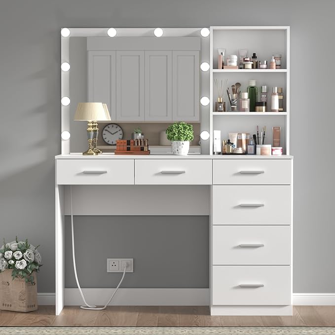 39 Inches White Vanity Desk with Lights, 6-Drawers Makeup Vanity Table with Power Strip and Storage Shelves, Dressing Table with Lighted Mirror for Women Girls