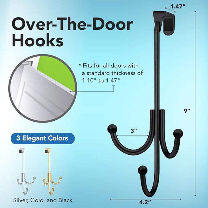 2-Pack Over The Door Hook - with 3 Hang Heads & Snug Fit Pads- 2Pcs Heavy Duty Hooks for Hanging Coats, Towels, Caps & Robes - Elegant Matt Finish - No Drill Hanger Organizer - Black