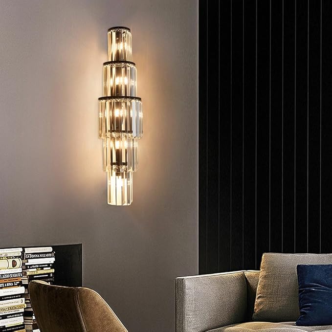 29.5 inch Modern Wall Sconce Crystal Vanity Wall Sconce Lighting 5-Light Black Wall Light Fixtures for Bedroom Living Room Bathroom Hallway