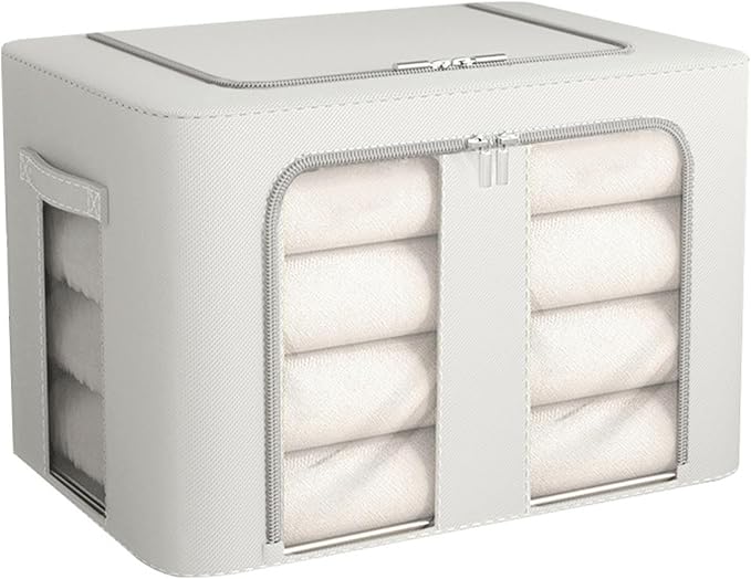 Kikumi Foldable Storage Box, Fabric Bin Organizer, Large Capacity Stackable Solid Steel Frame Structure Space Saving with Carrying Handle for Bedroom
