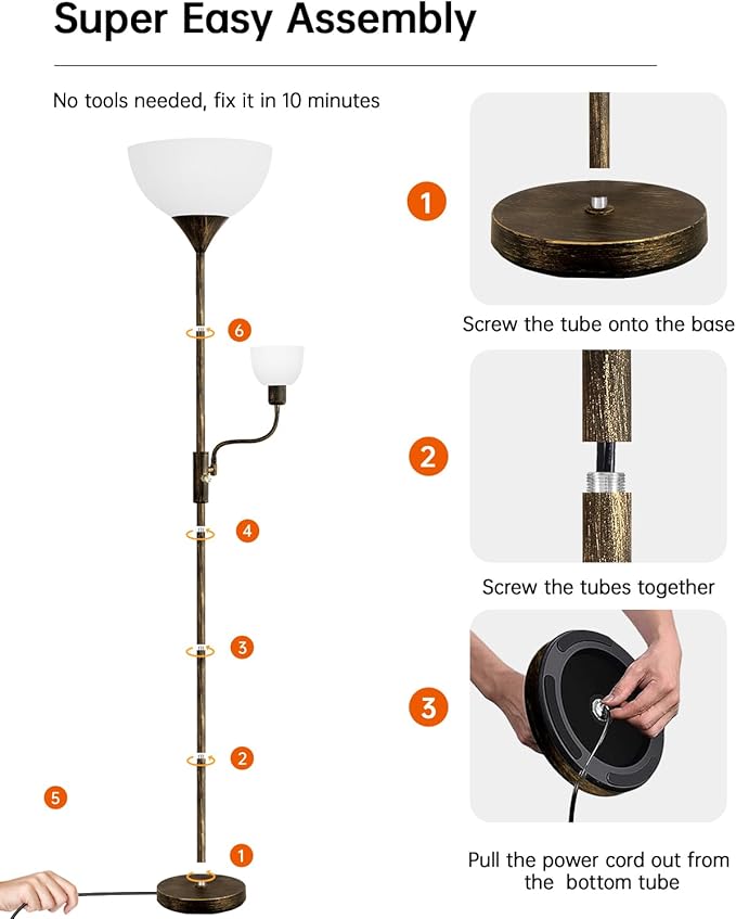 BoostArea Floor Lamps for Living Room, Standing Lamp, 71" Torchiere Floor Lamp with Reading Lamp, 3 Way Switch, Corner Floor Lamps for Living Room/Bedroom, Rustic Bronze Floor Lamp(E26 Base, No Bulb)