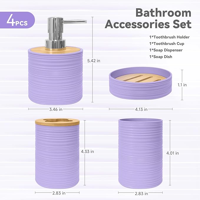 Bathroom Accessories Set 4 PCS, Bathroom Sets Accessories, Bamboo Bathroom Accessory Set Includes Soap Dish, Soap Dispenser, Toothbrush Holder, Toothbrush Cup, Boho Bath Decor(Light Purple)