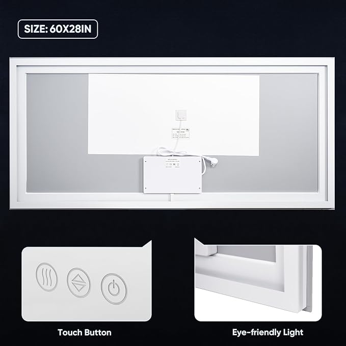 LED Bathroom Mirror, 60"x28" with Frontlit and Backlit Anti-Fog Mirror with Lights LED Vanity Mirror for Bathroom 3 Colors Temperature & Dimmable Bathroom Mirror with HD Tempered Glass