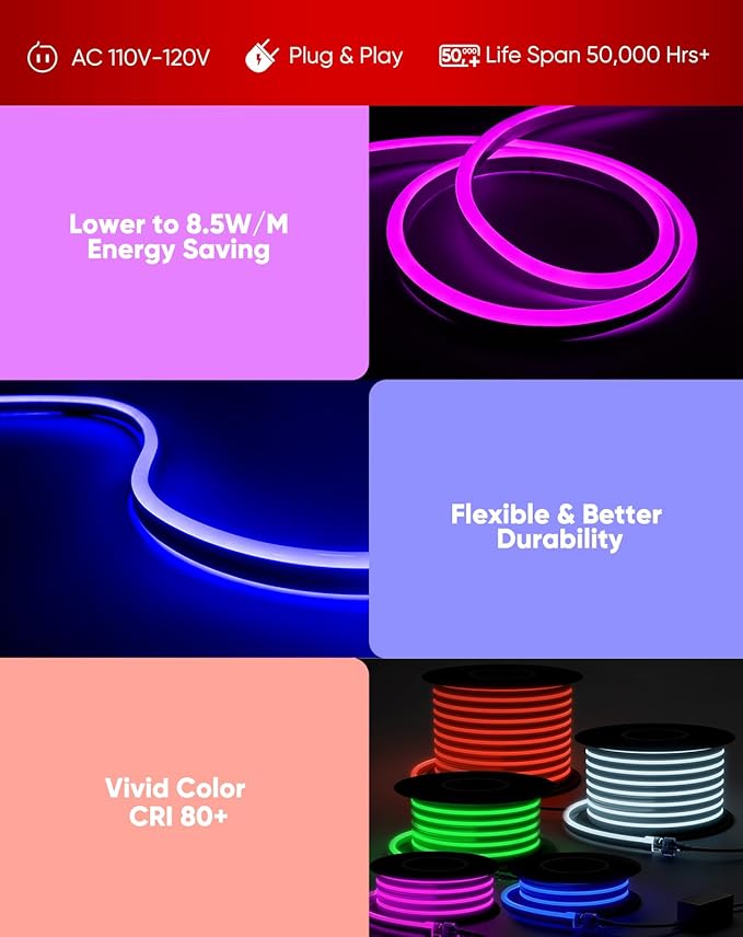 Shine Decor LED RGB Neon Rope Lights AC 120V, Expandable & Cuttable Bright Strip Lighting with Remote, Dimmable Color Changing, ETL Cold-Resistant & IP65 Waterproof for in&Outdoor, 10x20mm, 32.8FT
