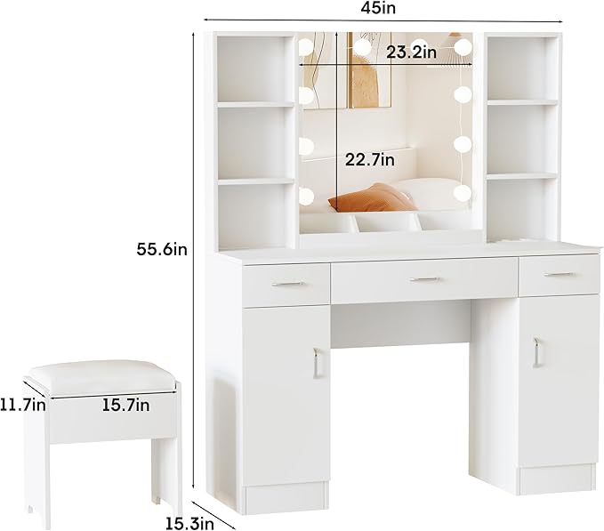 Makeup Vanity Table with Lighted Mirror & Power Outlets, Large Vanity Set Vanity Desk with Storage Stool, 3 Lighting Modes, Brightness Adjustable, 45inch, White