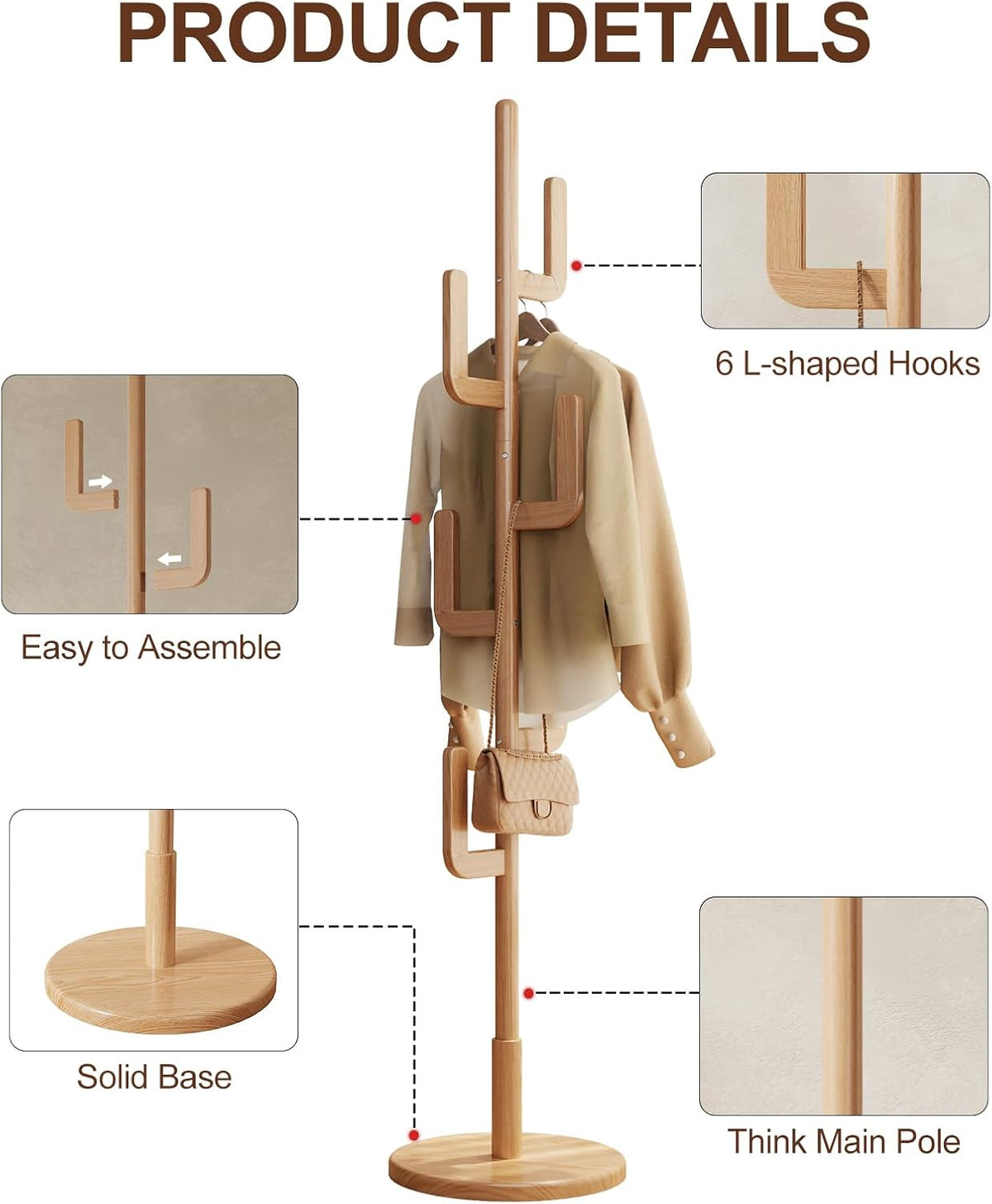 Solid Wood Cactus Coat Rack, Freestanding Coat Rack With 6 L-Shaped Hooks and 3 Adjustable Sizes, Coat Tree for Bedroom, Entryway, Livingroom, Coat Hanger Stand for Coats, Handbags (Natural)