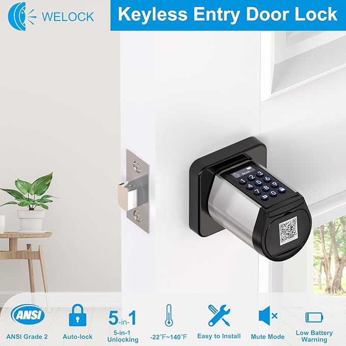 WELOCK Smart Deadbolt Lock, Keyless Entry Door Lock for Front Door, Security WiFi Deadbolt with Keypad, App Control, Anti-Peeking Password,Easy Installation for Bedroom,Home, Apartment,Hotel,Garage