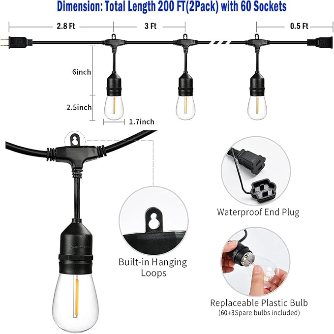 200FT Outdoor String Lights with 60+3 Replaceable S14 Edison Bulbs 2200K, Weatherproof for Patio Outside, 2Pack Linkable, Hooks and Zip Ties Included