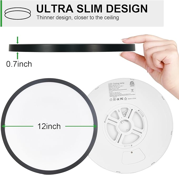 LED Flush Mount Ceiling Light: 12 inch 6Pack Super Slim Dimmable & 5CCT (2700-6500K) Kitchen Lighting Fixtures Ceiling - 24W Black Low Profile Ceiling Lamp for Bedroom Garage Hallway