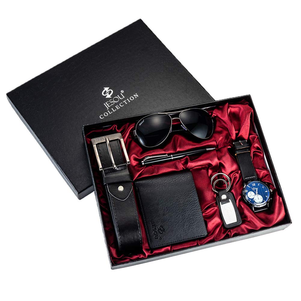 Belt Men Leather Black Set with Wallet Keychain Ballpoint Pen Sunglasses Watch Set for Men, Birthday Gifts for Boyfriend Husband Dad, Valentines Day Gifts for Him