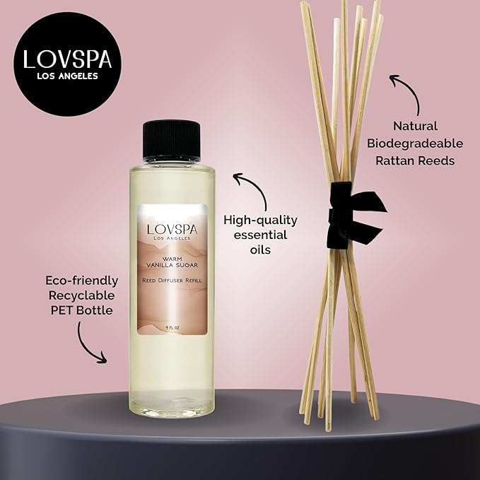 LOVSPA Warm Vanilla Sugar Diffuser Oil - Luxury Essential Oils for Diffuser Refill & Air Freshener Room Spray - Long-Lasting & Natural Home Fragrance, Scented Oil for Diffusers, USA Made, 4oz