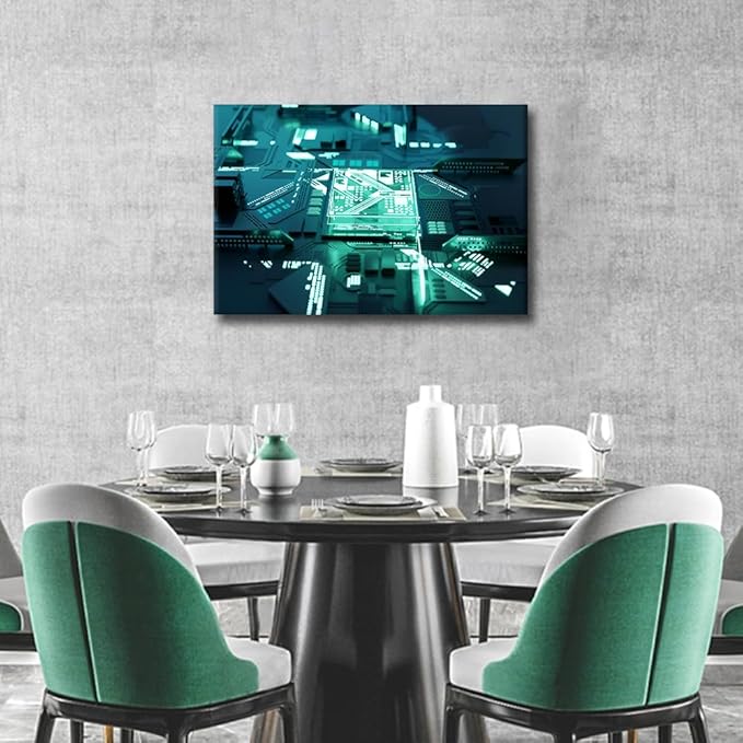 TUMOVO Glowing CPU Wall Decor for Bedroom Living Room AI Wall Art Paintings CPU Concept Pictures Canvas Modern Wall Artwork Home Decorations Office Wall Art Framed Ready to Hang - 24x16in