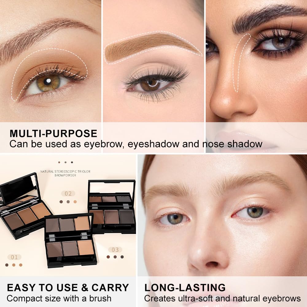 Brow Powder Kit – Long-Lasting 3-Color Brow Filler for Full, Defined Natural Brows, Contour Palette with Double-Ended Brush, sombra para cejas (01)