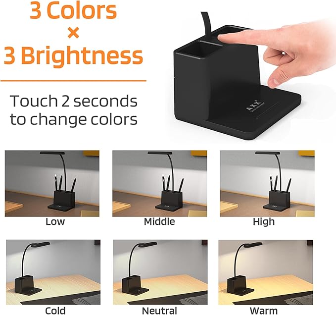 AXX Black LED Desk Lamp for Home Office Bedroom, Battery Operated Table Light for Computer Desktop, Small, Cute, Dimmable, Rechargeable, Flexible Gooseneck, Pen Holder, Phone Mount, Touch Control