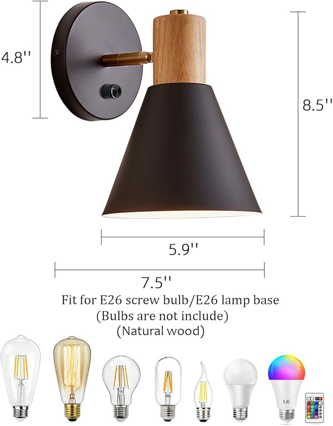 ClanKin Wall Sconces Lighting for Bedroom, Black Adjustable Wood Style Wall Sconce Reading Lamp, Wall Light for Bedroom Hallway Living Room (Black-Hardwired, 1 Pack)