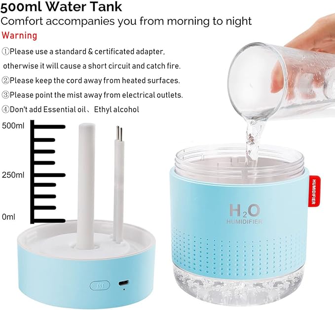 Portable Mini Cool Mist Humidifier, 500ml USB Personal Desktop Humidifier for Baby Bedroom Travel Office Home, Auto Shut-Off, 2 Mist Modes, Super Quiet, Blue