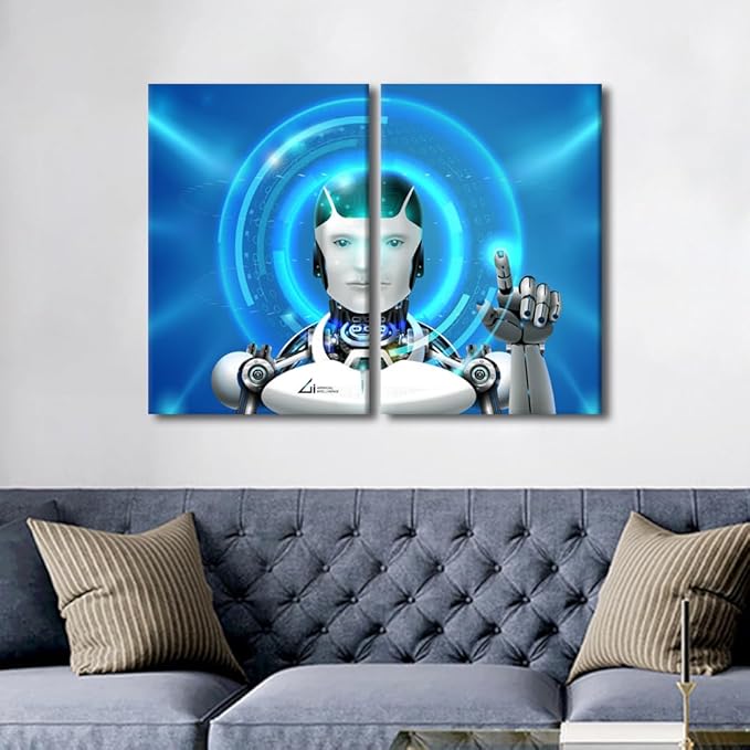 TUMOVO 3 Pieces Canvas Wall Art Robot Prints Artwork Wall Decor AI Intelligence Picture for Bedroom Living Room Giclee Paintings Posters Framed Ready to Hang Prints, 24" Wx16 H