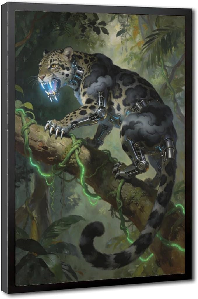 Framed Steampunk Mechanical Leopard Wall Art - Jungle Futuristic Beast Poster for Man Cave Living Room Decor 16x24in