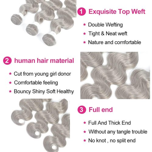 Giginger Bundles Human Sliver GREY 20 22 24 inch Body Wave Human Hair Bundles Unprocessed Quick Weave Soft Sewn In Hair Extensions for Black Women