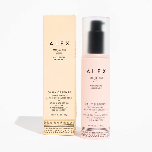 ALEX MD PhD Sunscreen for Face, Tinted Mineral Facial Sunscreen SPF 50+, Anti Aging Daily Defense Moisturizer for Sensitive and Post-Procedure Skin with Zinc Oxide, Chemical-Free, Coral Reef Friendly