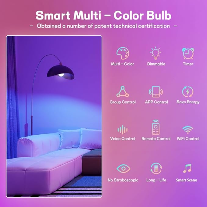 Smart Light Bulbs,Full Color Changing Dimmable LED Bulb,Compatible with Alexa and Google Assistant,UL FCC Certified,2.4GHz WiFi+Bluetooth LED Light Bulbs, Music Sync Smart Home Lighting (12)