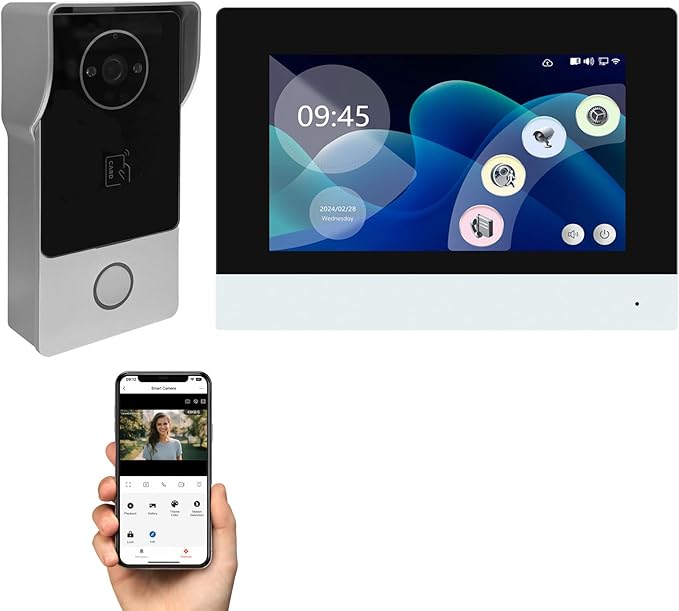 Smart Video Doorbell Intercom System with 7" Touch Screen Monitor, 2MP HD Camera with Night Vision, Two-Way Audio, RFID IC Card Access, Wi-Fi Tuya App Remote Unlock for Home Security