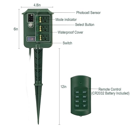 Outdoor Light Timer Waterproof, Dusk to Dawn Power Stake Timer Remote Control, 6 Grounded Electrical Outlets Timer for Outdoor Christmas Lights, Yard, Garden, Backyard, Halloween Decoration,13A