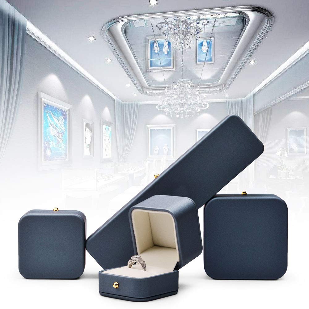 Oirlv Gorgeous Steel-Blue Ring Box Premium Leather Ring Gift Box for Wedding,Proposal Jewelry Storage Case