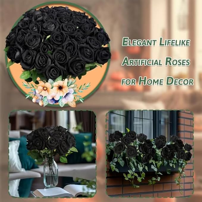 30 PCS Fake Black Roses, Artificial Flowers Bulk Halloween Decorations Realistic Silk Faux Roses with Stems for Gothic Wedding Party Decor, Bridal Bouquets DIY Floral Arrangement Home Decor