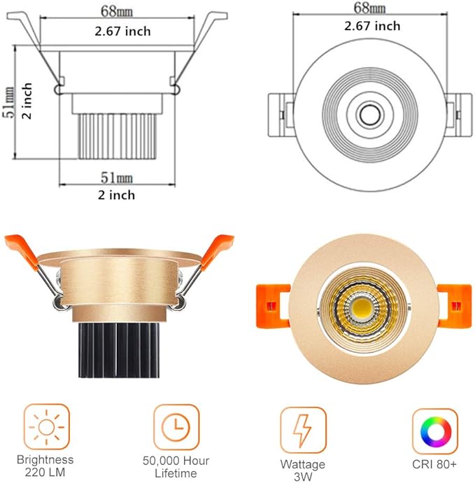LightingWill 2inch LED Dimmable Downlight, 3W COB Recessed Ceiling Light, Ultra Warm White 2700K, CRI80, 25W Halogen Bulbs Equivalent, Gold (10 Pack)