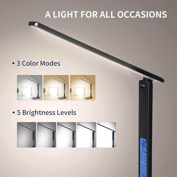 Smart Alarm Clock Lamp with Transparent Display,Wireless Charger Station,Dimmable Table Lamp with 3 Color Modes 5 Brightness,180° Flexible Desk Light for Bedroom,T26 Black.