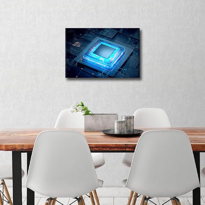 TUMOVO Framed Canvas Wall Art Cyberpunk AI Painting CPU Concept Pictures 1 Panel Computer Chip Wall Art Modern Wall Decor for Living Room Bedroom Giclee Posters and Prints, 18x12in