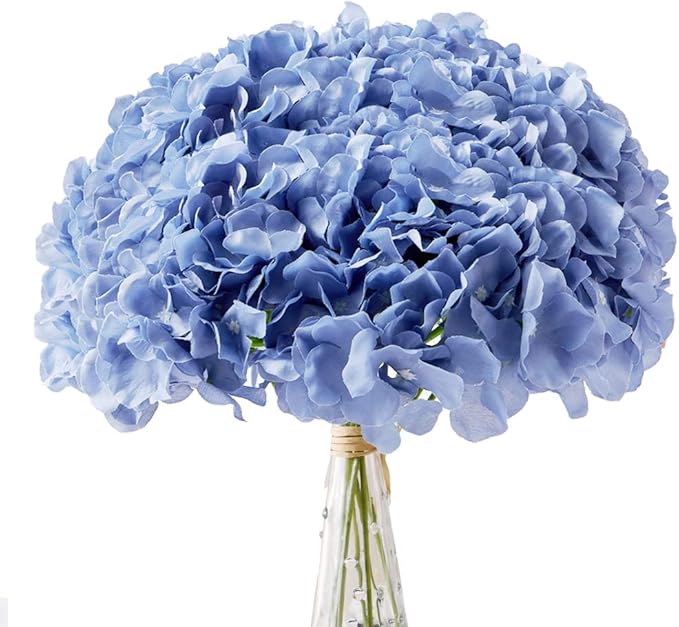 AVIVIHO Dusty Blue Silk Flowers Heads Artificial Hydrangea Pack of 10 Fake Full Hydrangea Flowers with Stems for Wedding Home Party Shop Baby Shower Decoration