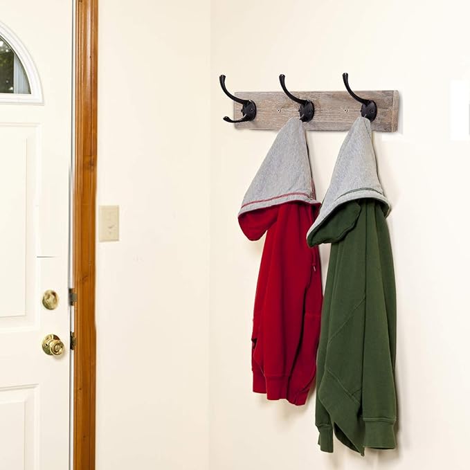 Wall Mounted Coat Rack,Wooden Entryway Vintage Rustic Coat Rack Hat Hanger Rack Zinc die-cast 3-Hook Rail for The Entryway, Bathroom, Bedroom, Kitchen, Mudroom (3 Hooks, Pinewood)